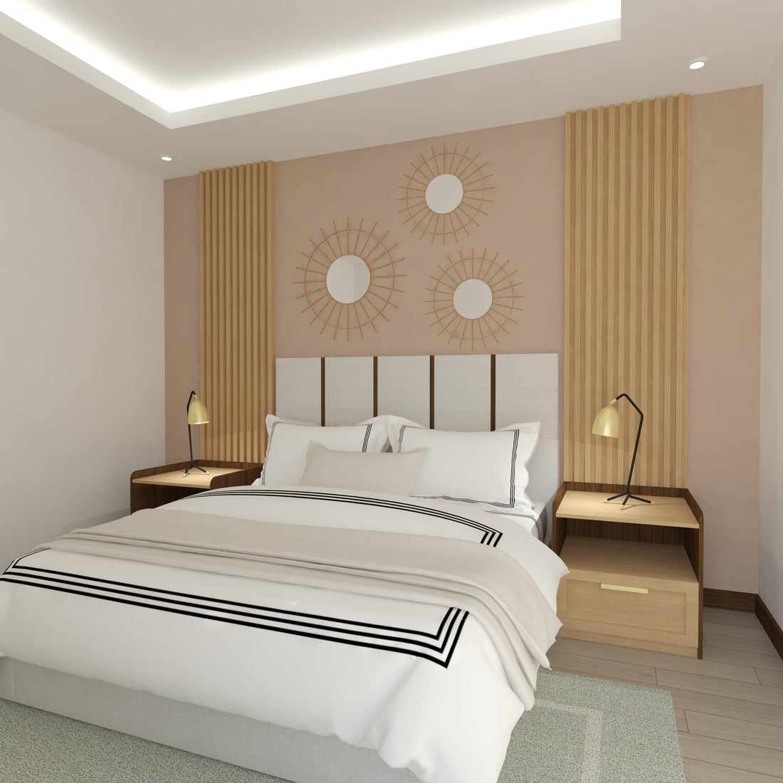 Headboard with grey fabric and wooden strip in between