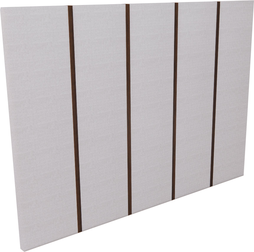 Headboard with grey fabric and wooden strip in between